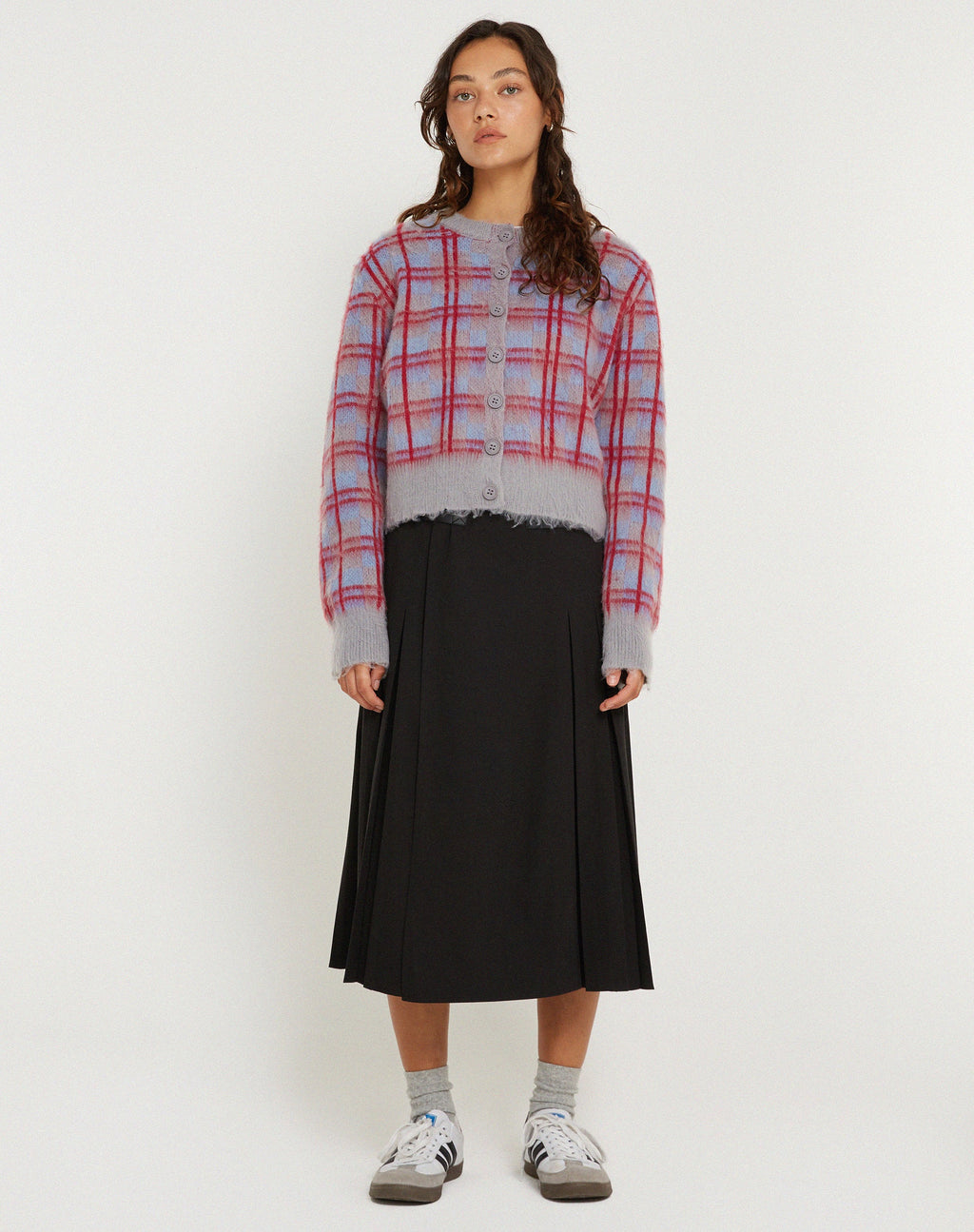 Cardigan Anzio button up in multi check grigio blu e rosso