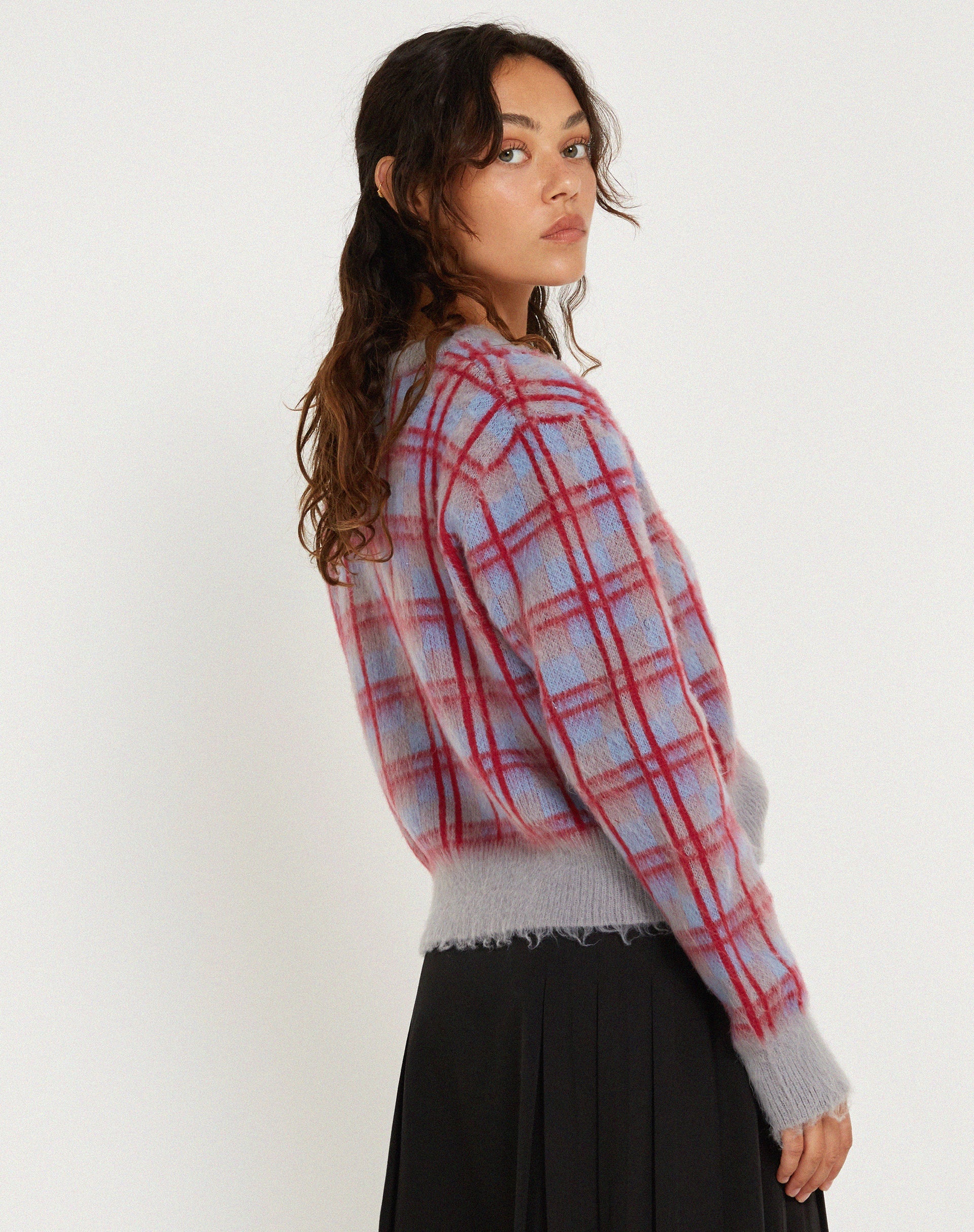immagine di Anzio Button Up Cardi in Multi Check Grigio Blu e Rosso