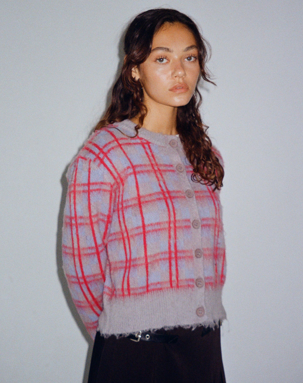 Cardigan Anzio button up in multi check grigio blu e rosso