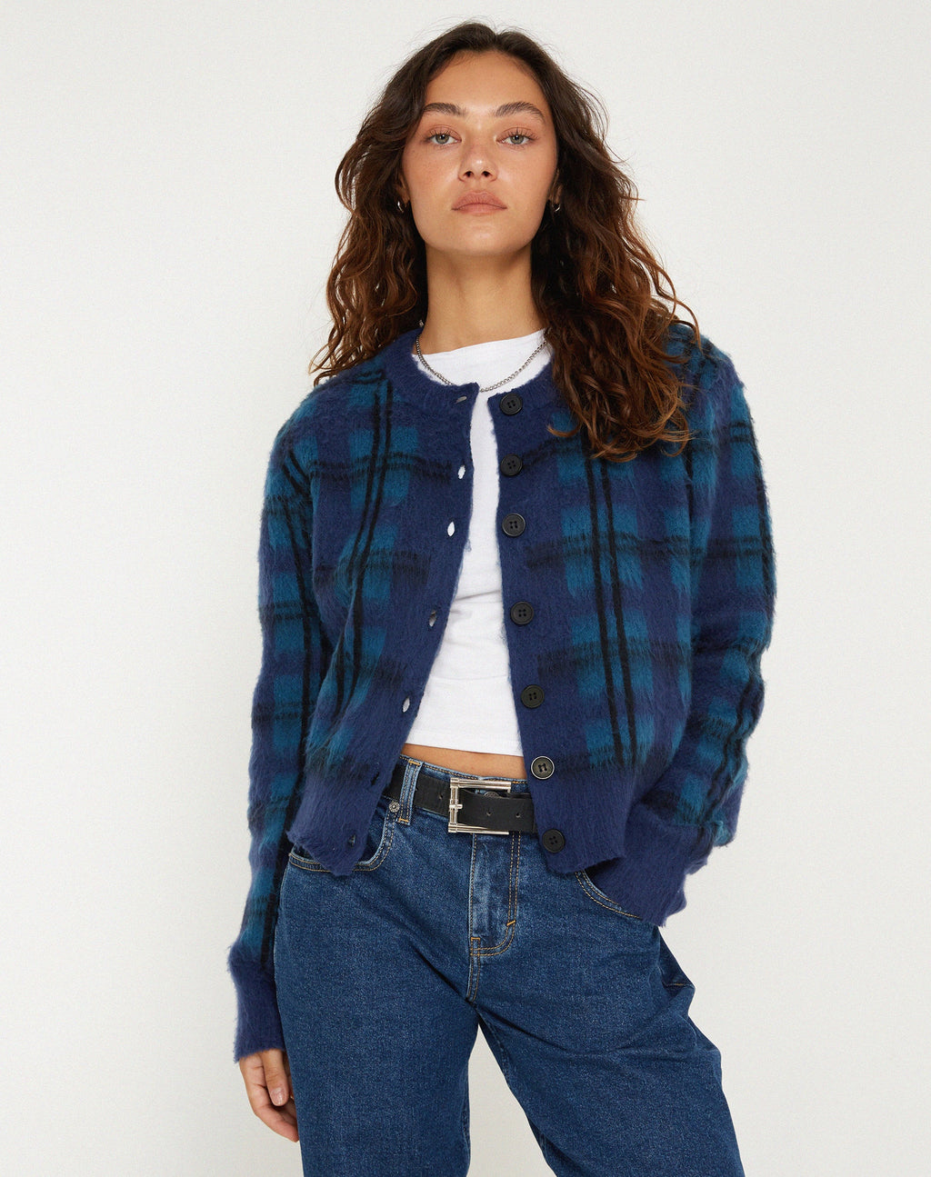 Cardigan con bottoni di Anzio in multi check blu navy