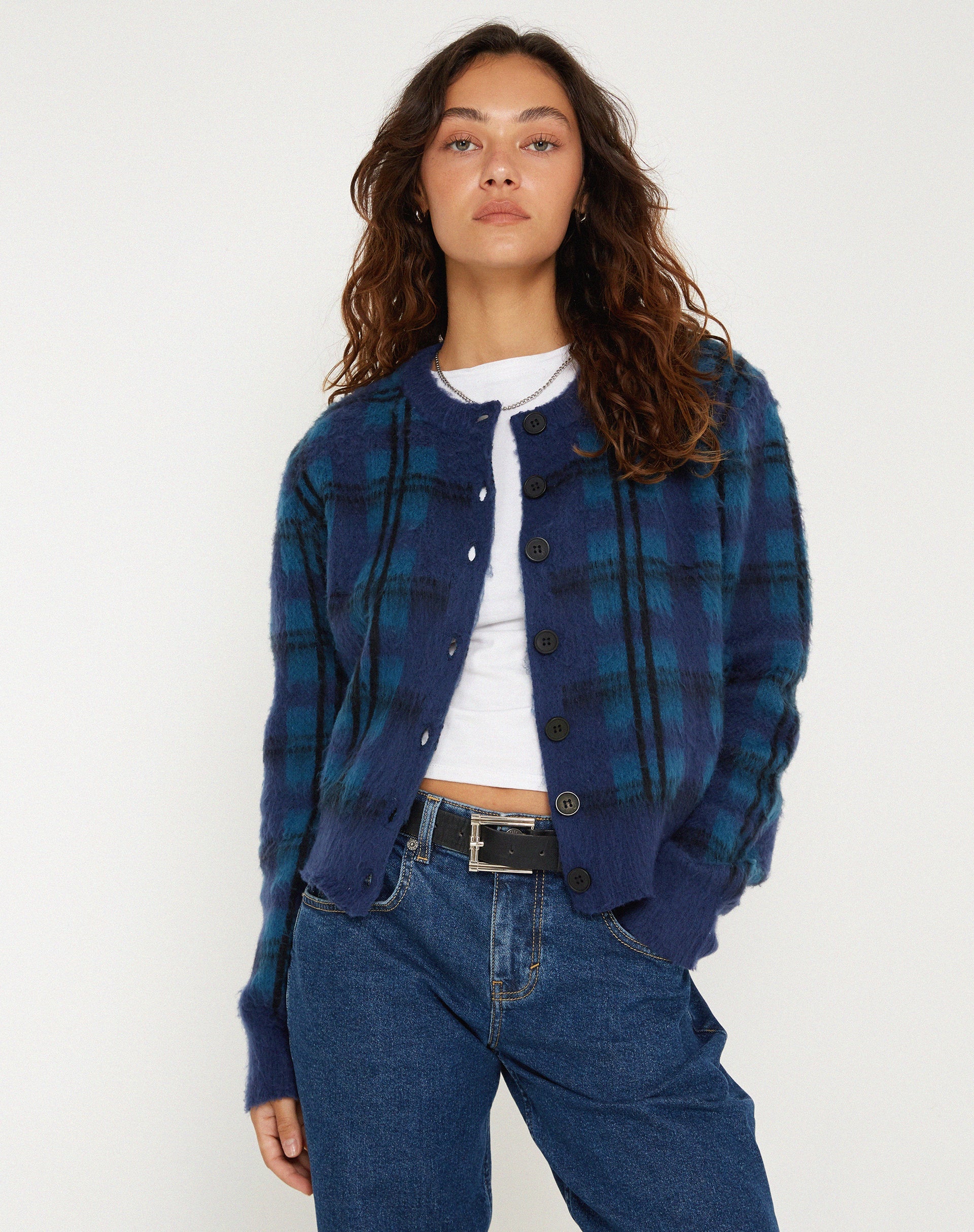 immagine di Anzio Button Up Cardi a quadri blu navy