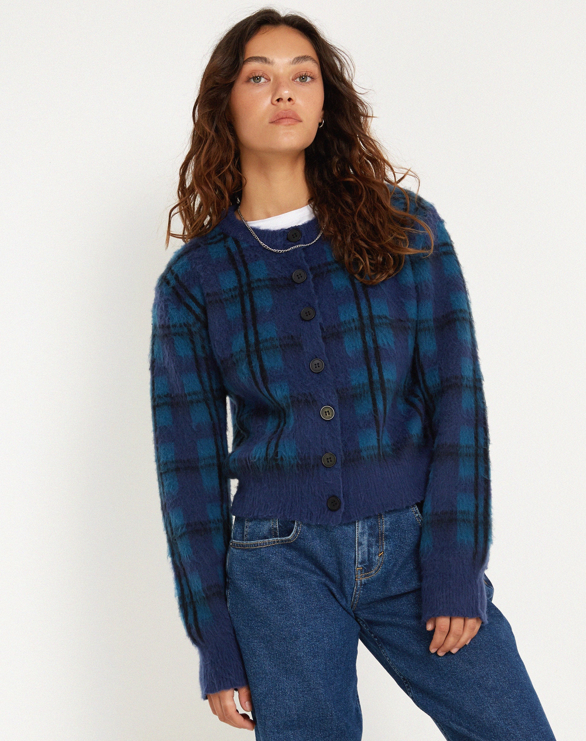 immagine di Anzio Button Up Cardi a quadri blu navy