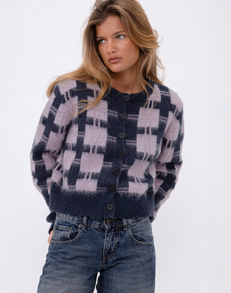 Cardigan con bottoni di Anzio in multi check navy e rosa