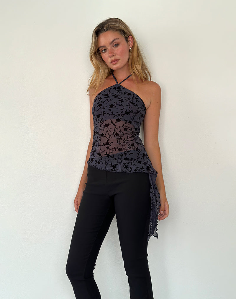 Arabella - Top con collo alto in Pretty Petal Flock Navy