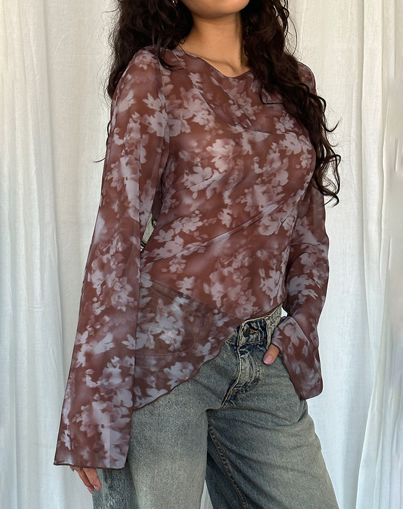 Immagine di Arcelia Top in rete a maniche lunghe in Botanical Shadow Brown