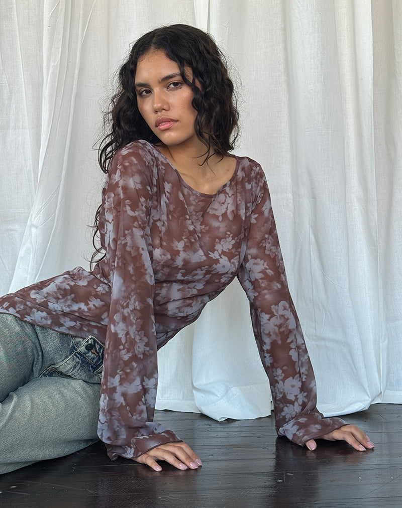 Arcelia - Top in rete a maniche lunghe in Botanical Shadow Brown