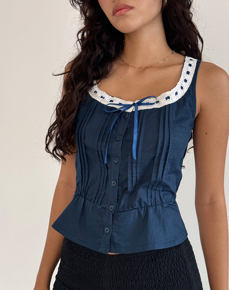 Arhan - Top senza maniche in popeline blu con rifiniture bianche