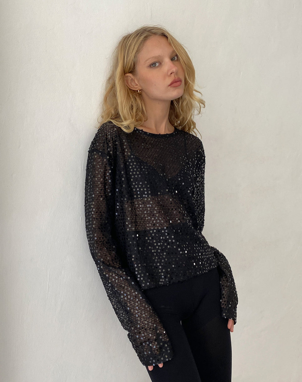 Top sfoderato a maniche lunghe Aridani in paillettes nere