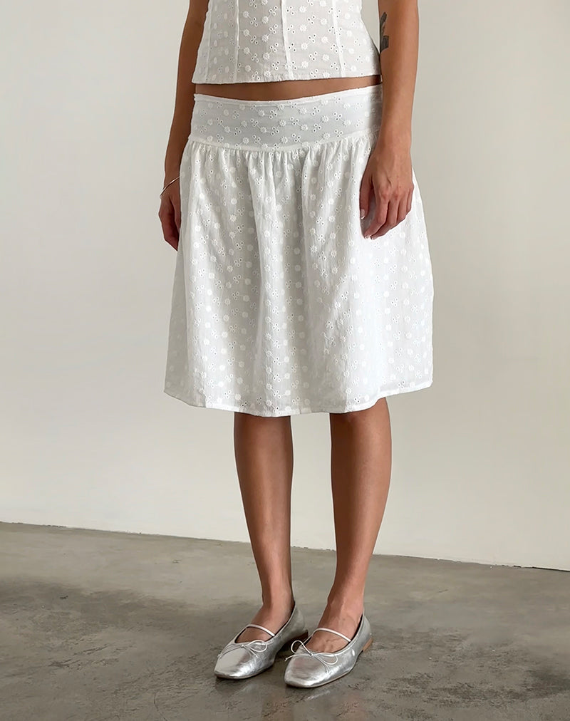 Gonna midi Aristia in Broderie intrecciato bianco
