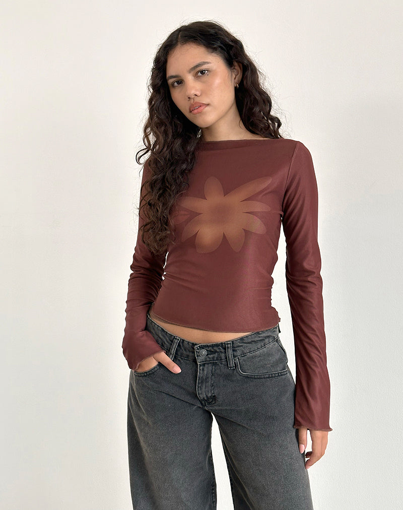 Immagine di Armali Top in rete con fiori tonali marrone