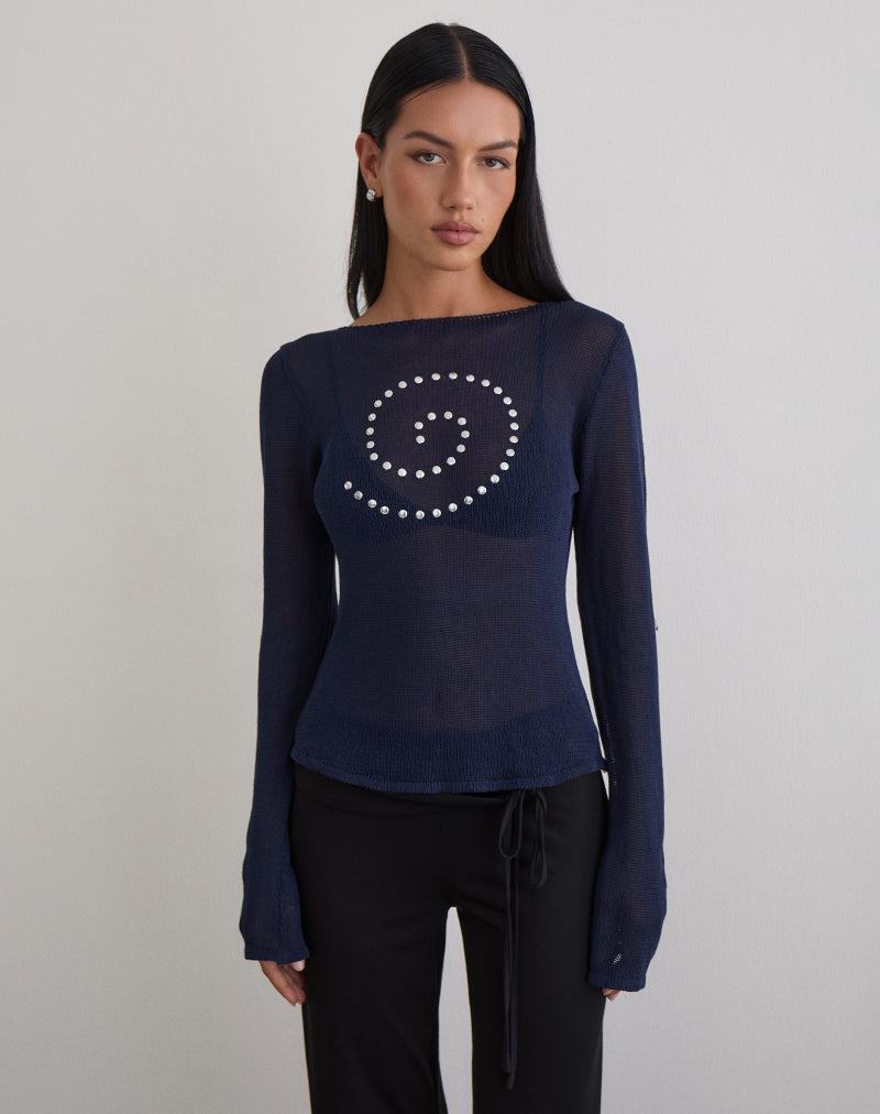 Immagine di Armali Top a maniche lunghe in maglia trasparente con borchie Navy