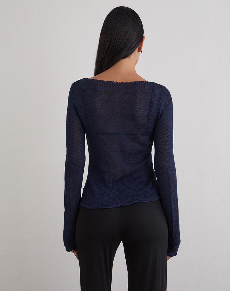 Immagine di Armali Top a maniche lunghe in maglia trasparente con borchie Navy