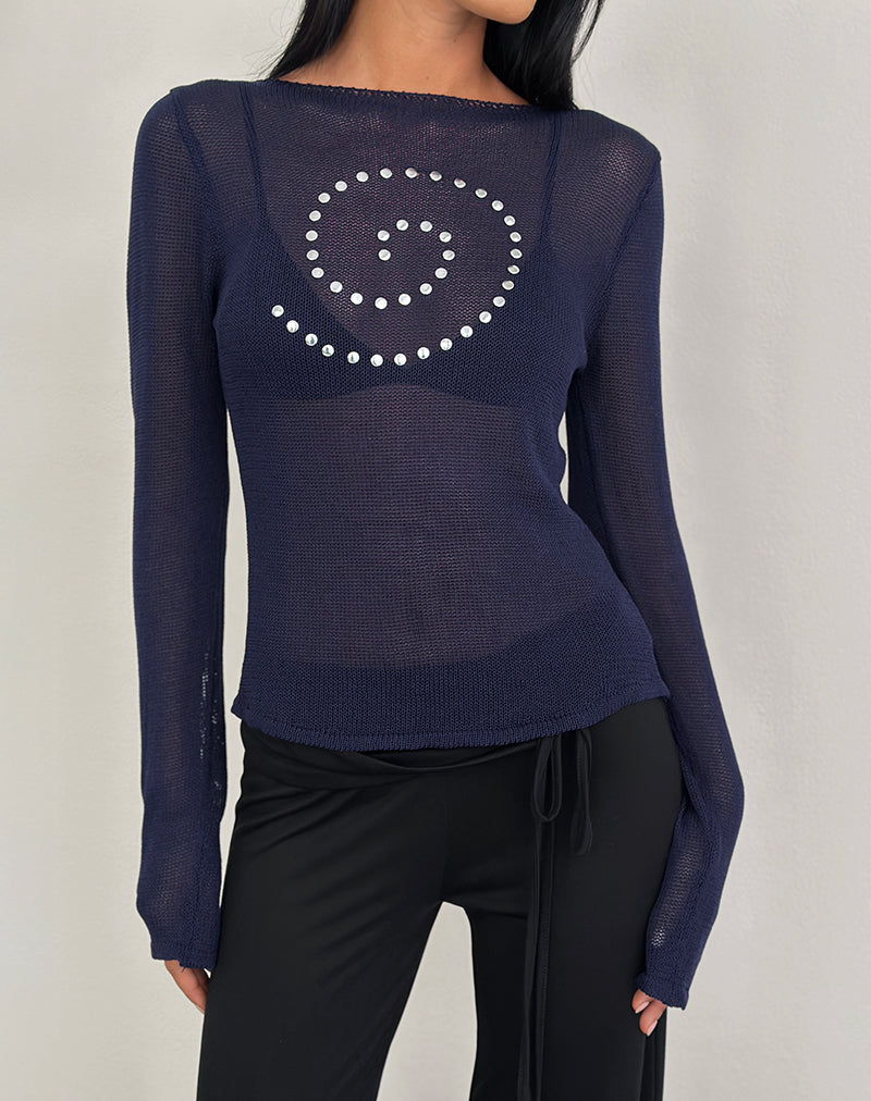 Immagine di Armali Top a maniche lunghe in maglia trasparente con borchie Navy