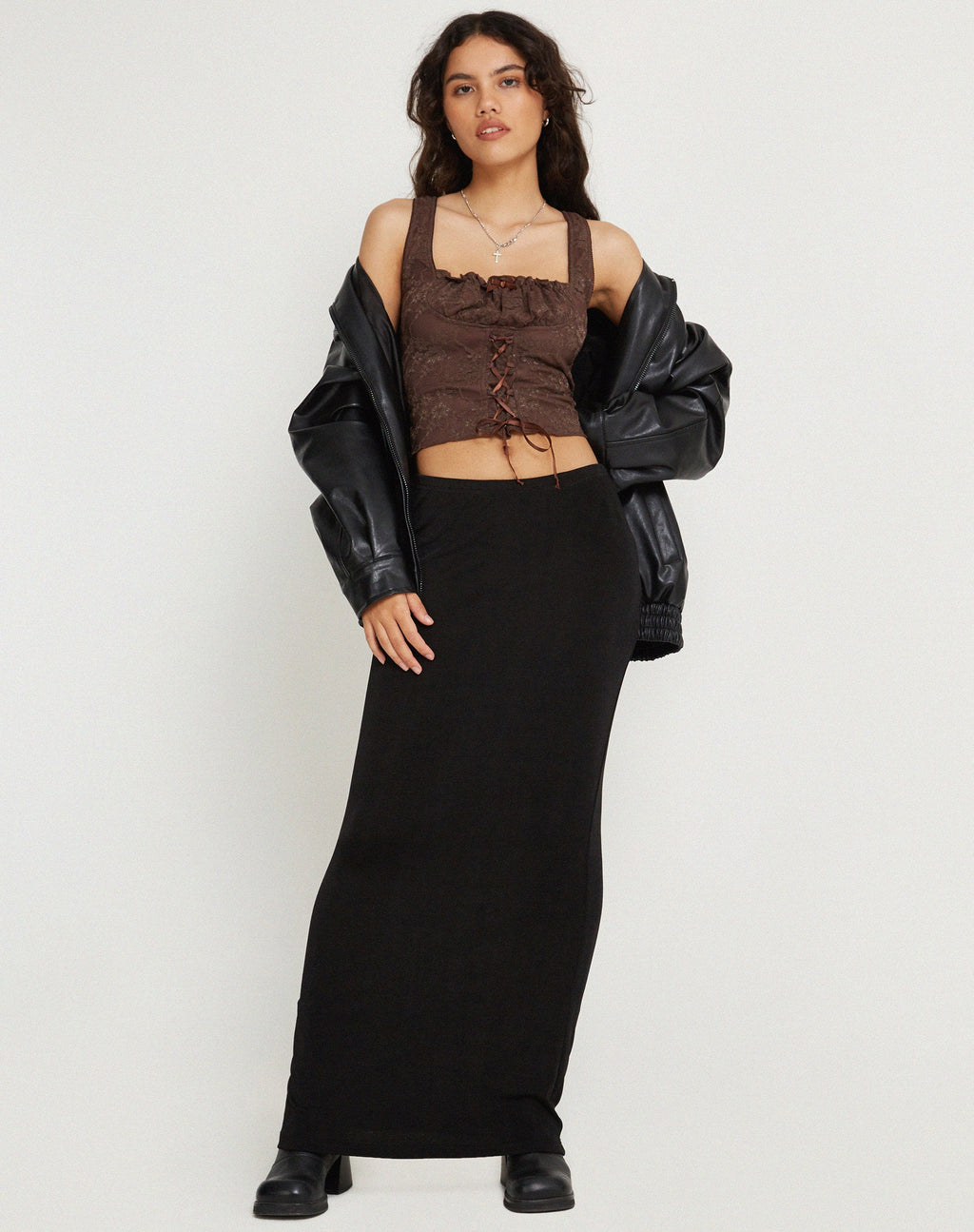 Asahi Crop Top in pizzo marrone castagna