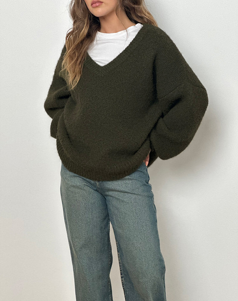 Immagine di Asato: maglione con scollo a V in cachi spazzolato