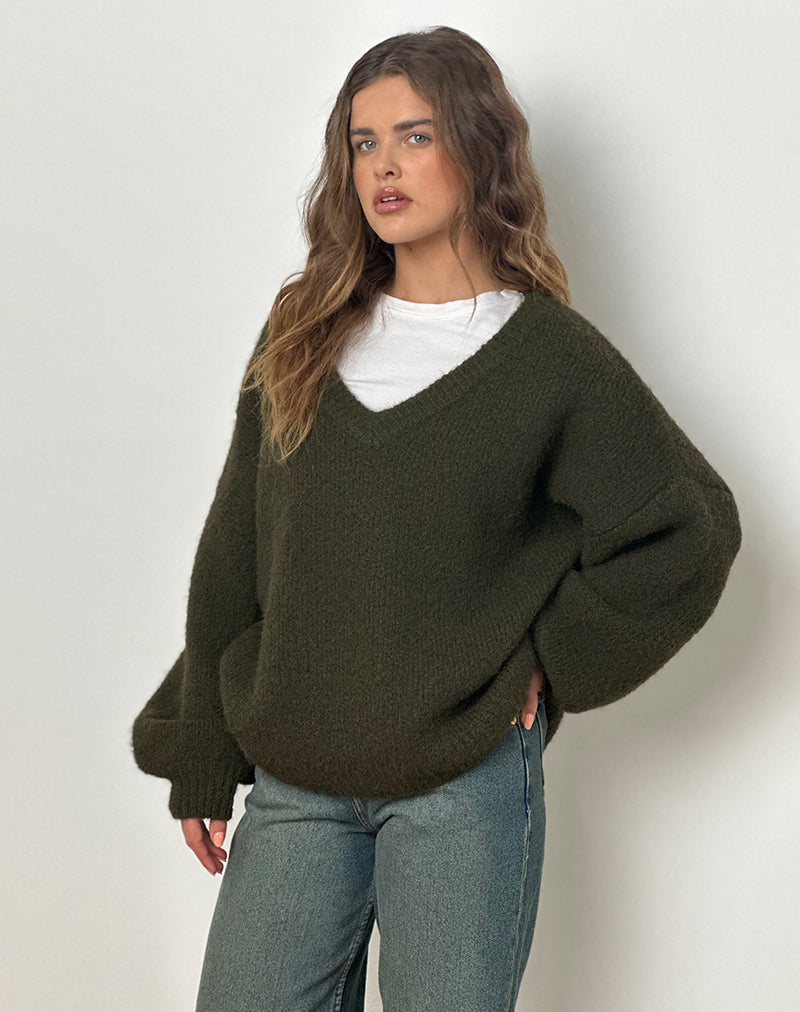 Asato: maglione con scollo a V in cachi spazzolato