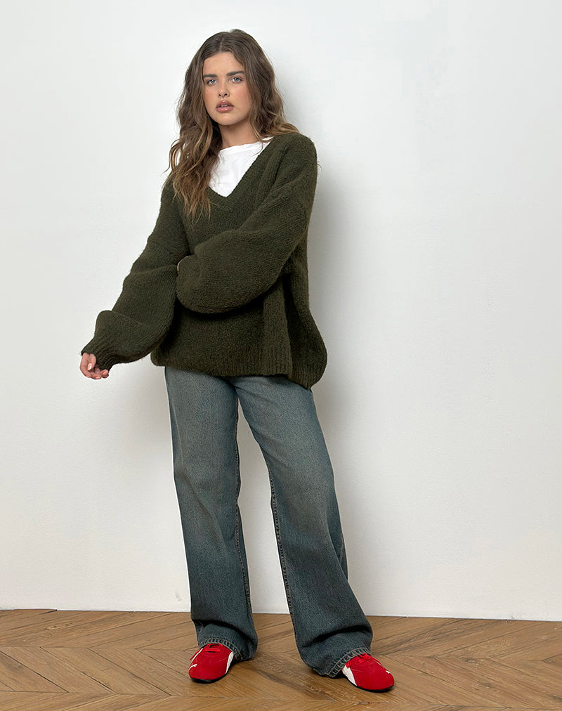 Immagine di Asato: maglione con scollo a V in cachi spazzolato