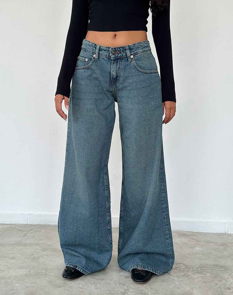 Jeans oversize a vita bassa in blu vintage verde