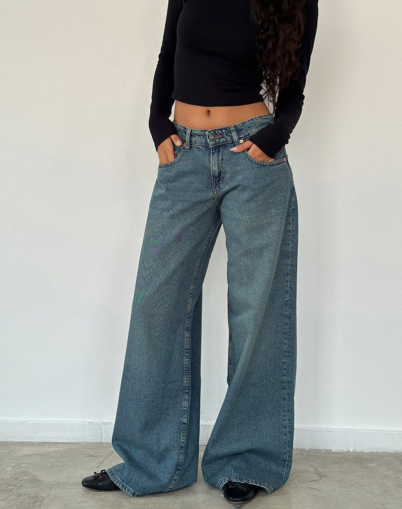 Jeans oversize a vita bassa in blu vintage verde