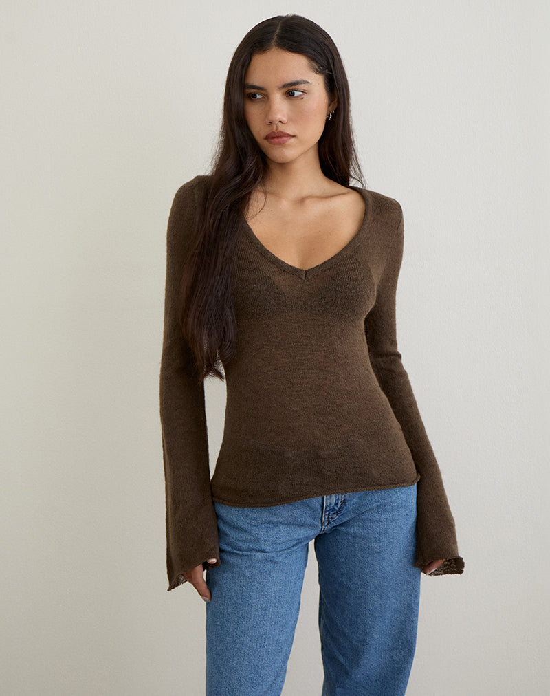 Top Ashla in maglia trasparente cioccolato scuro