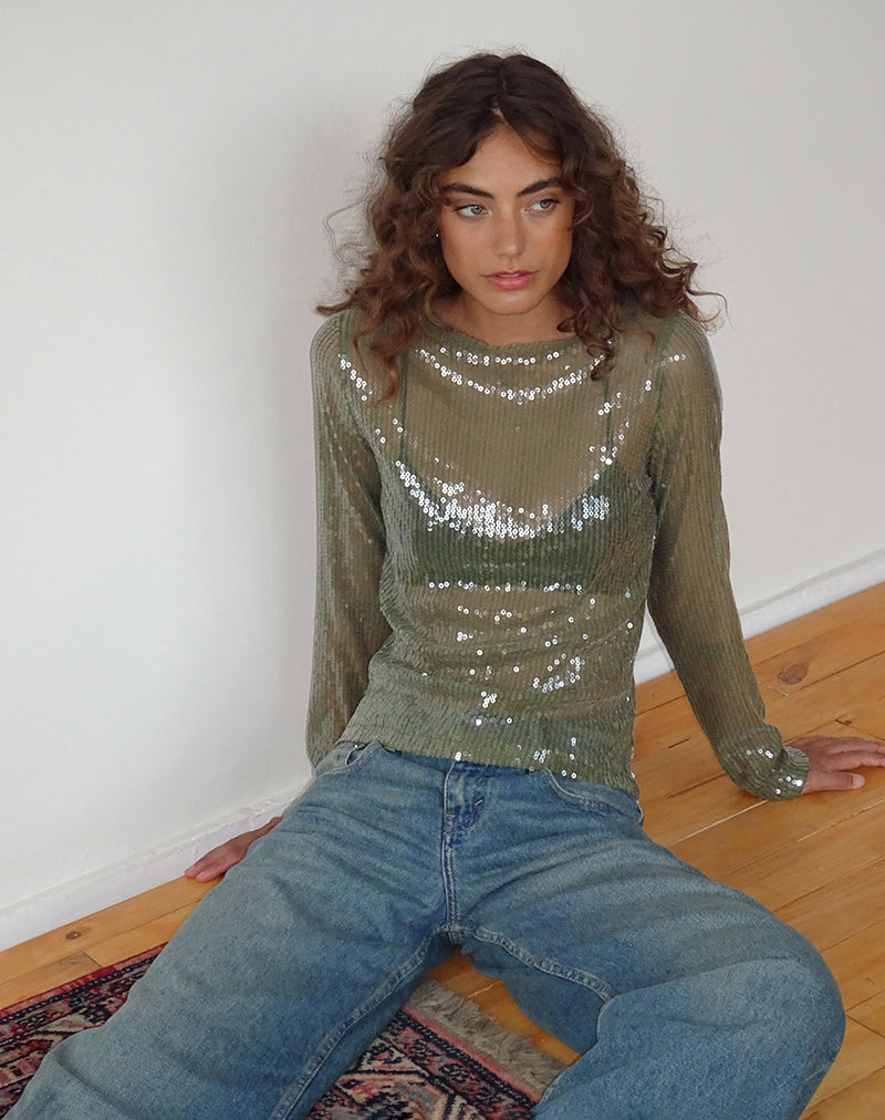 Top Ashram in paillettes verde cachi