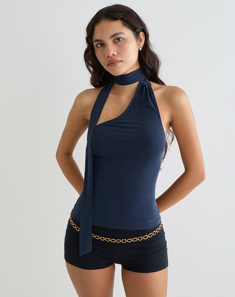 Immagine di Aspyn Top a collo alto con cravatta in Cupro Navy