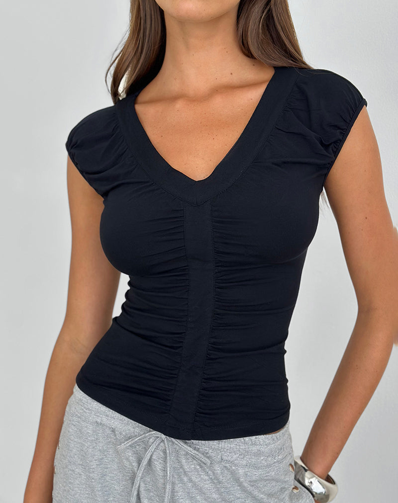 Top con scollo a V arricciato Atheia in jersey di rayon nero