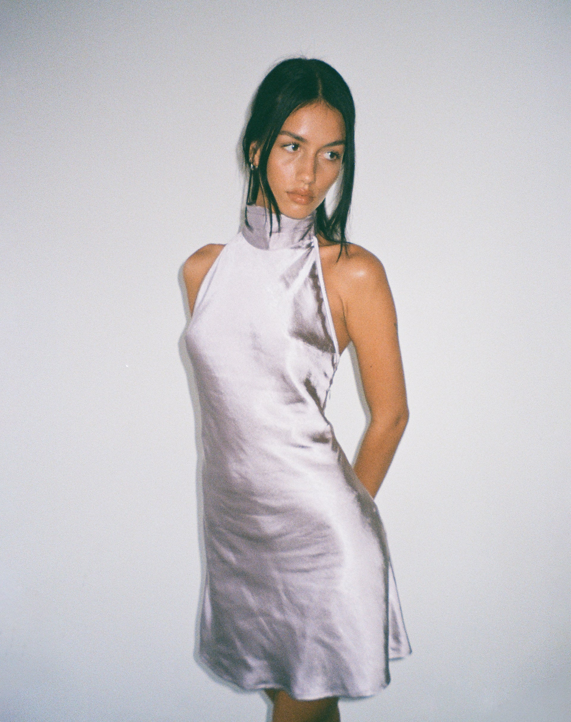 image of MOTEL X JACQUIE Atik Mini Dress Halterneck in Satin Silver