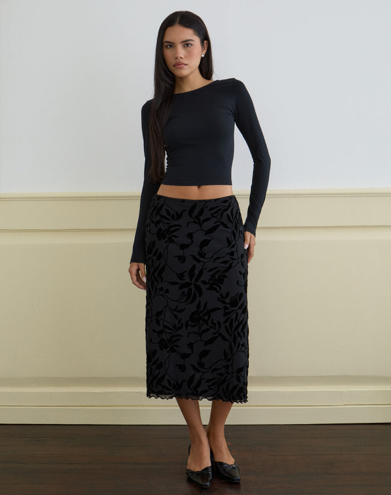 Immagine di Atira Midi Skirt in Flock Leaf Flower Nero