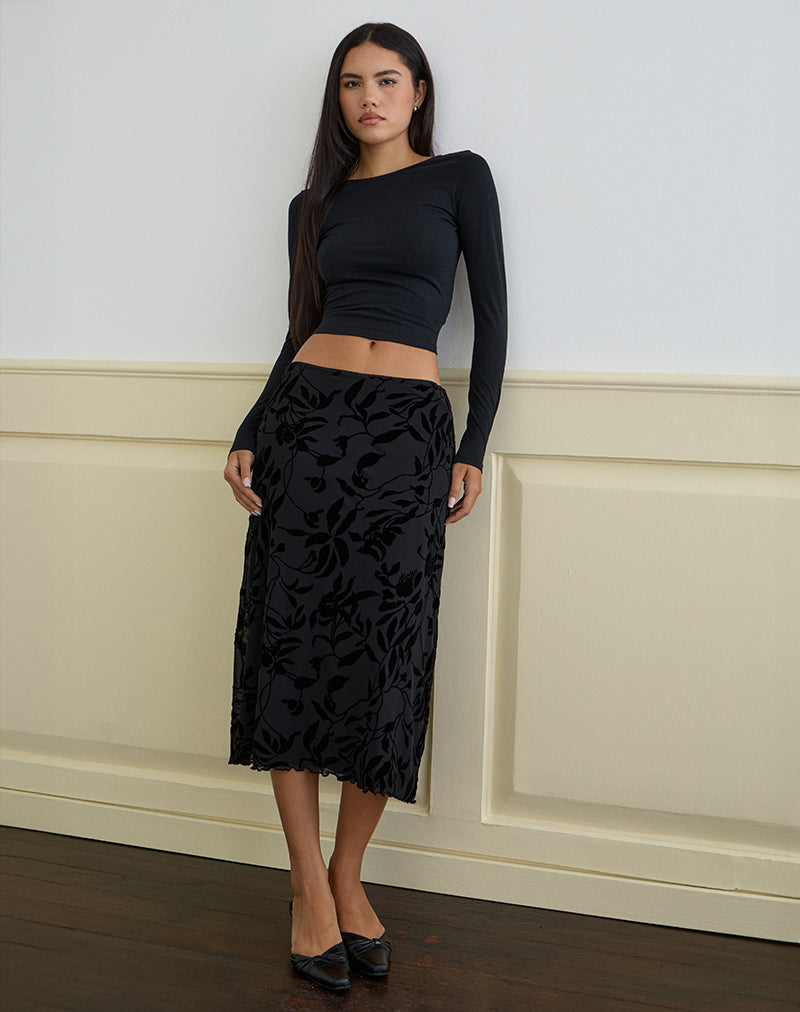 Gonna Atira Midi in Flock Leaf Flower Nero