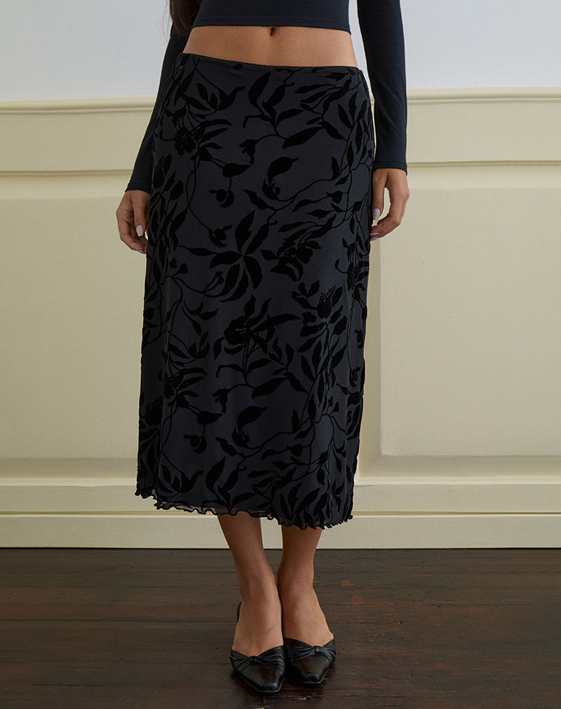 Gonna Atira Midi in Flock Leaf Flower Nero