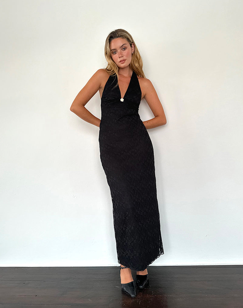 Maxi abito Atma in pizzo Canina nero, con scollo a mezzaluna