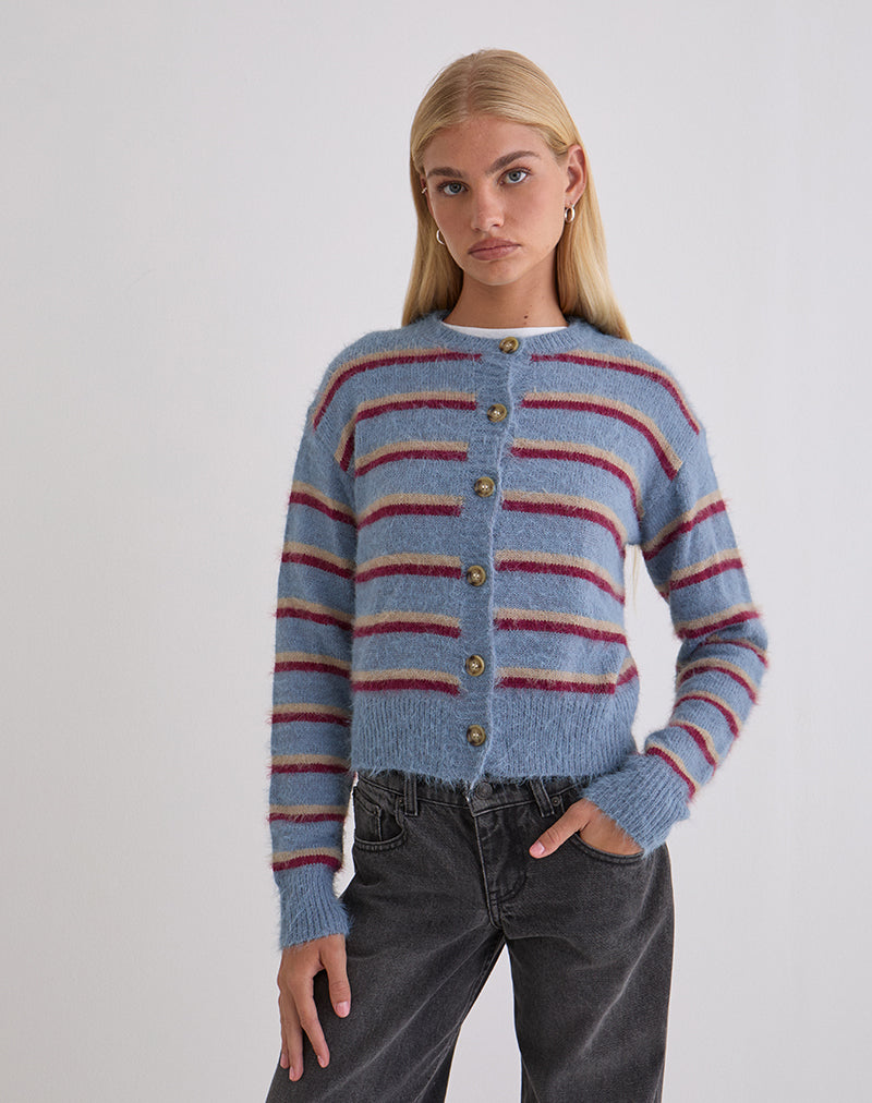 Immagine del cardigan Audrina a righe blu e rosse