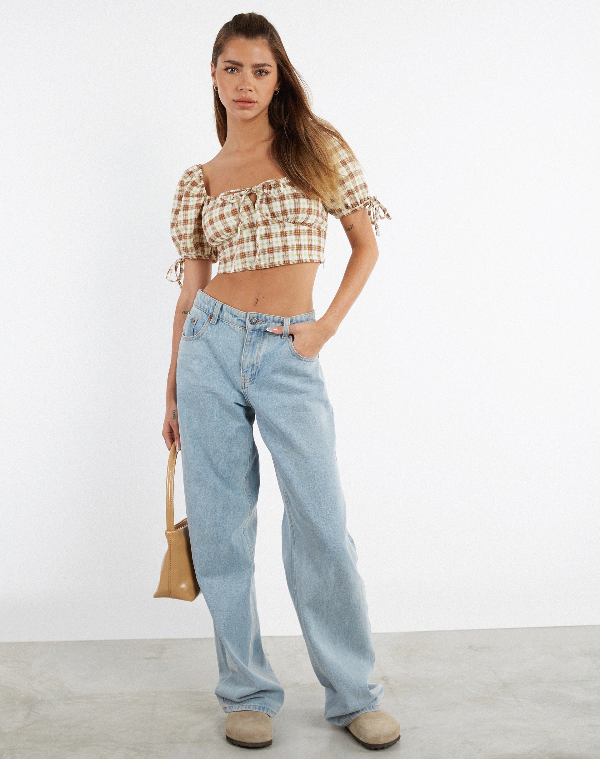 immagine di MOTEL X JACQUIE Auri Crop Top a quadri giallo marrone