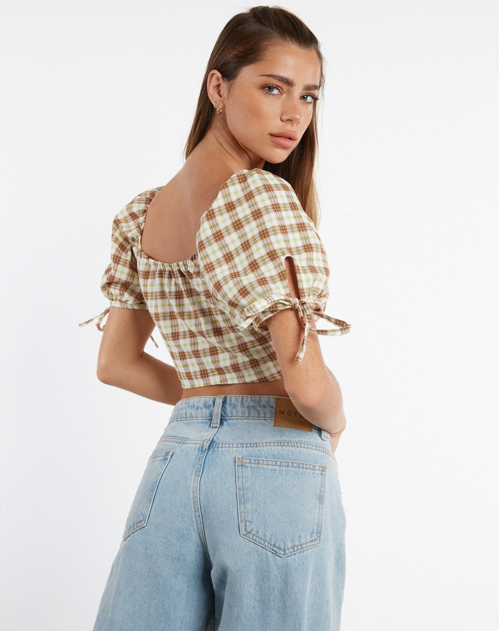 immagine di MOTEL X JACQUIE Auri Crop Top a quadri giallo marrone