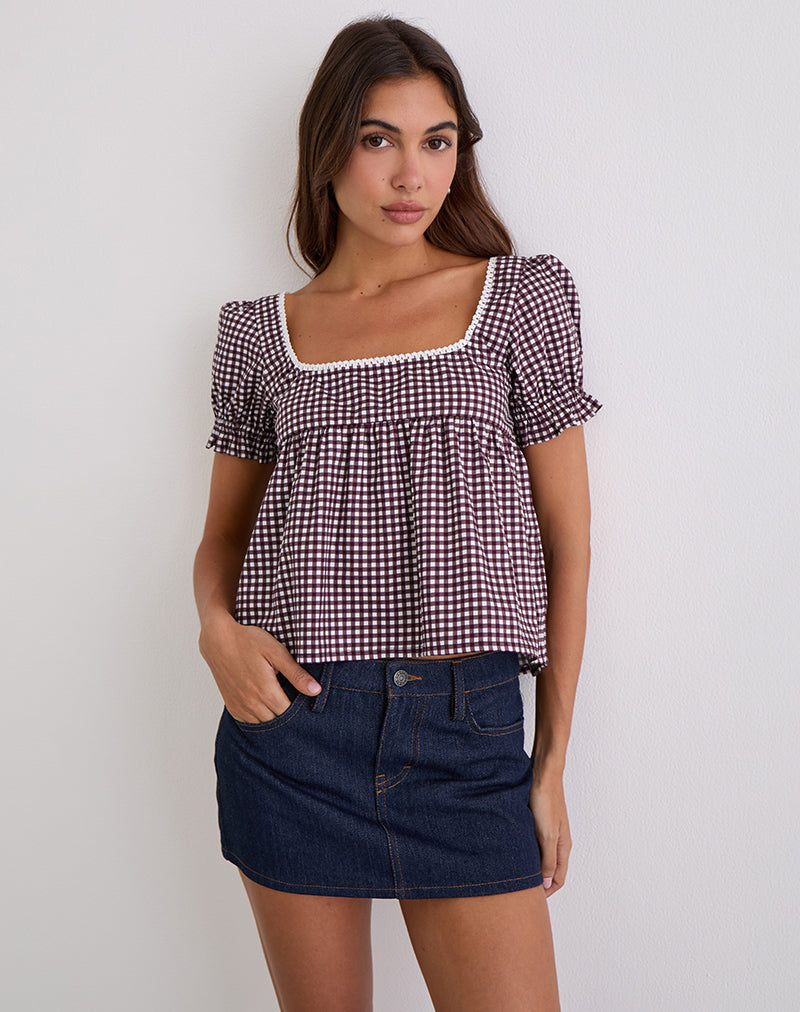 Camicetta Axoni con scollo quadrato in Mini Gingham Vino