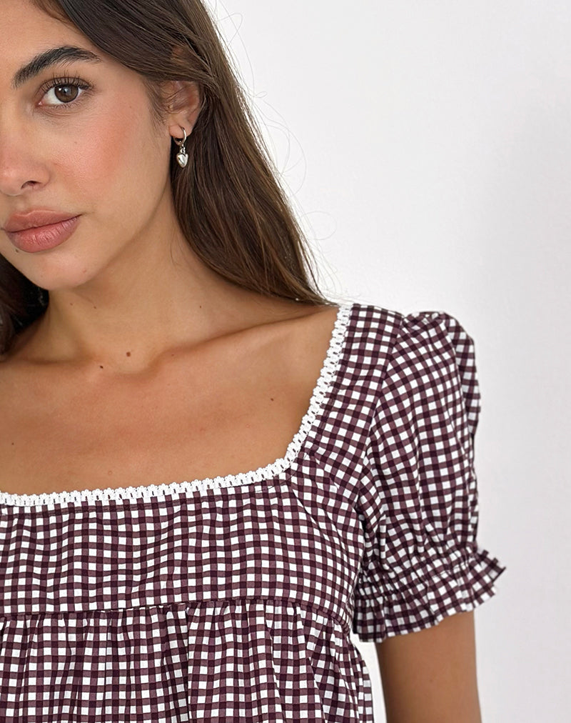 Immagine di Axoni Camicetta a collo quadrato in Mini Gingham Vino