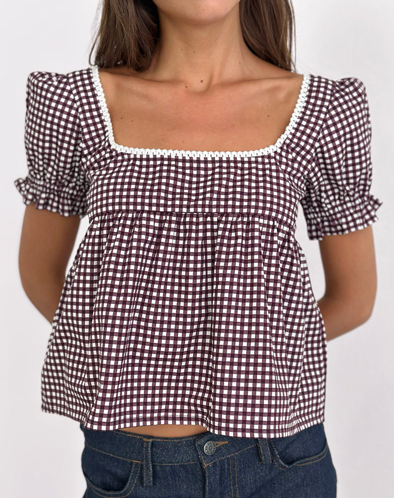 Immagine di Axoni Camicetta a collo quadrato in Mini Gingham Vino