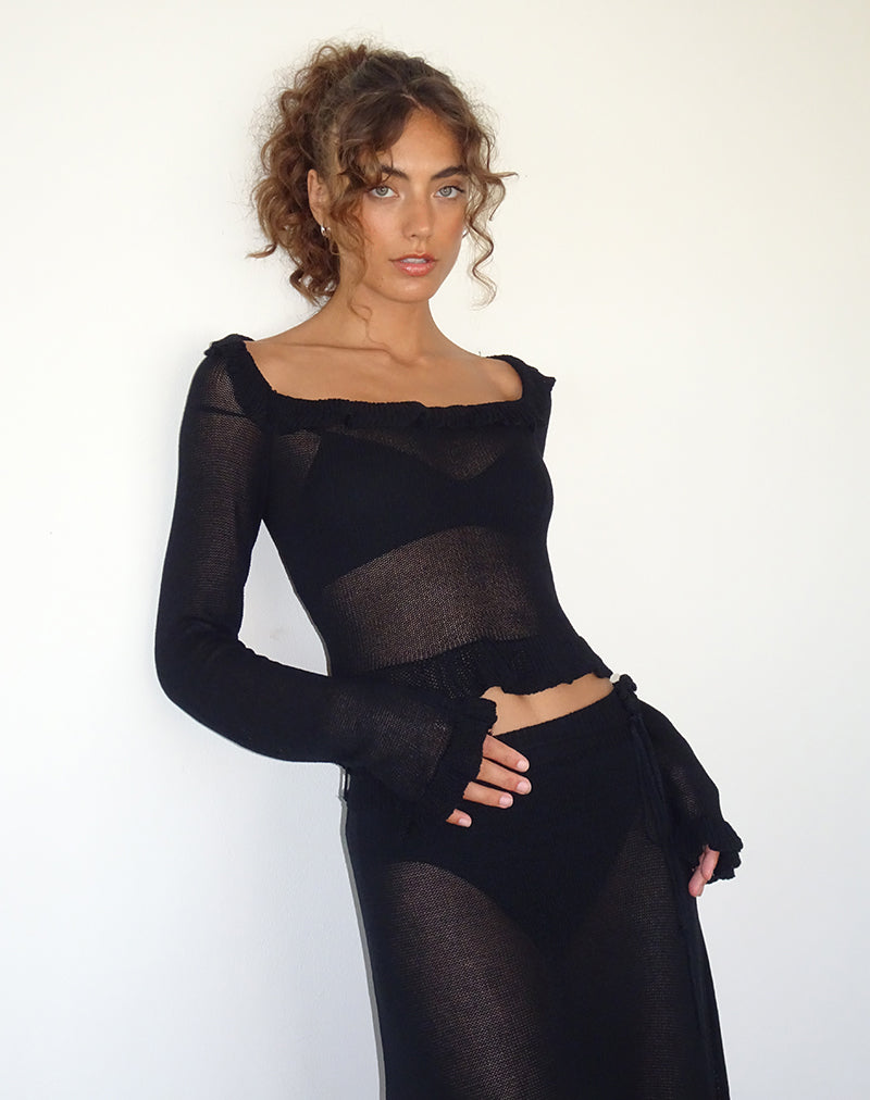 Immagine di Ayako Frill Fine Knit Top in nero