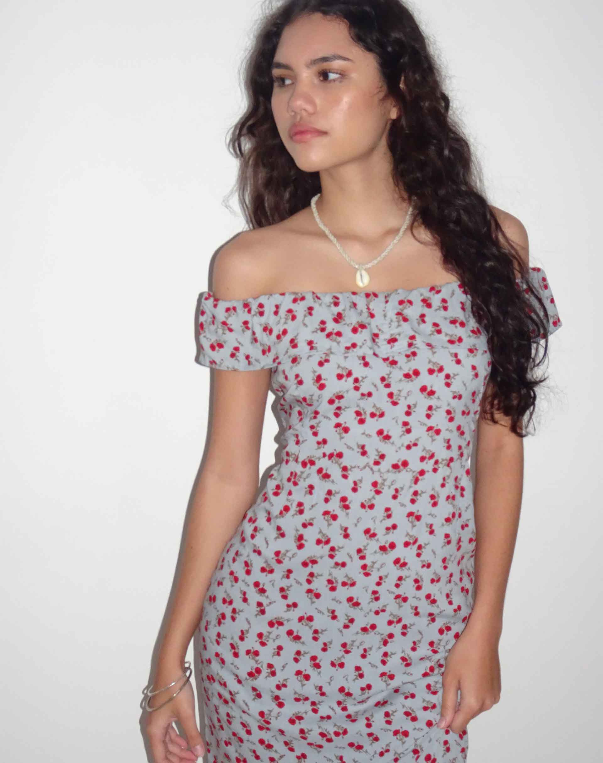 Immagine di Ayudia Bardot Midi Dress in blu floreale Ditsy