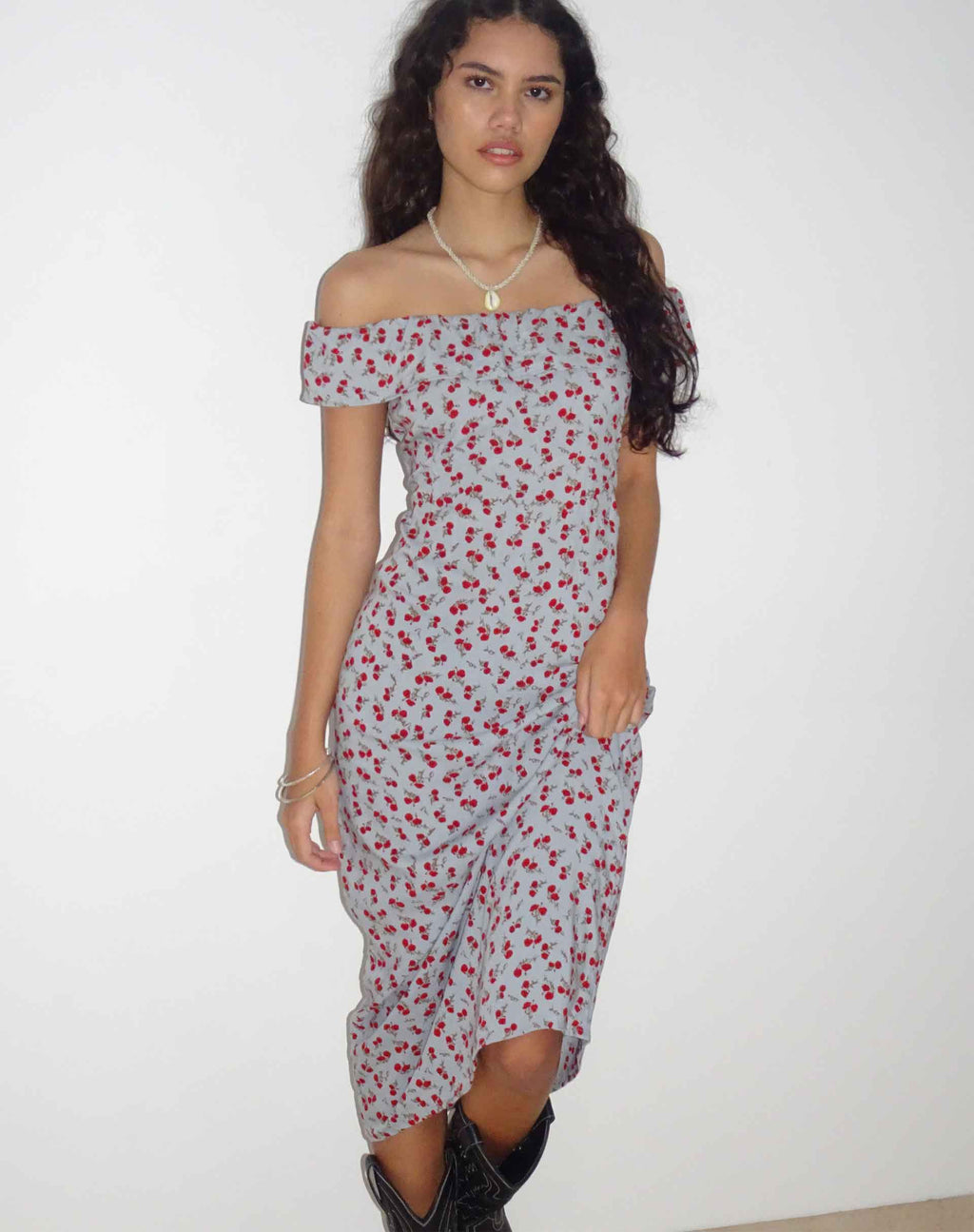 Ayudia - Vestito midi Bardot in Blu Floreale Ditsy