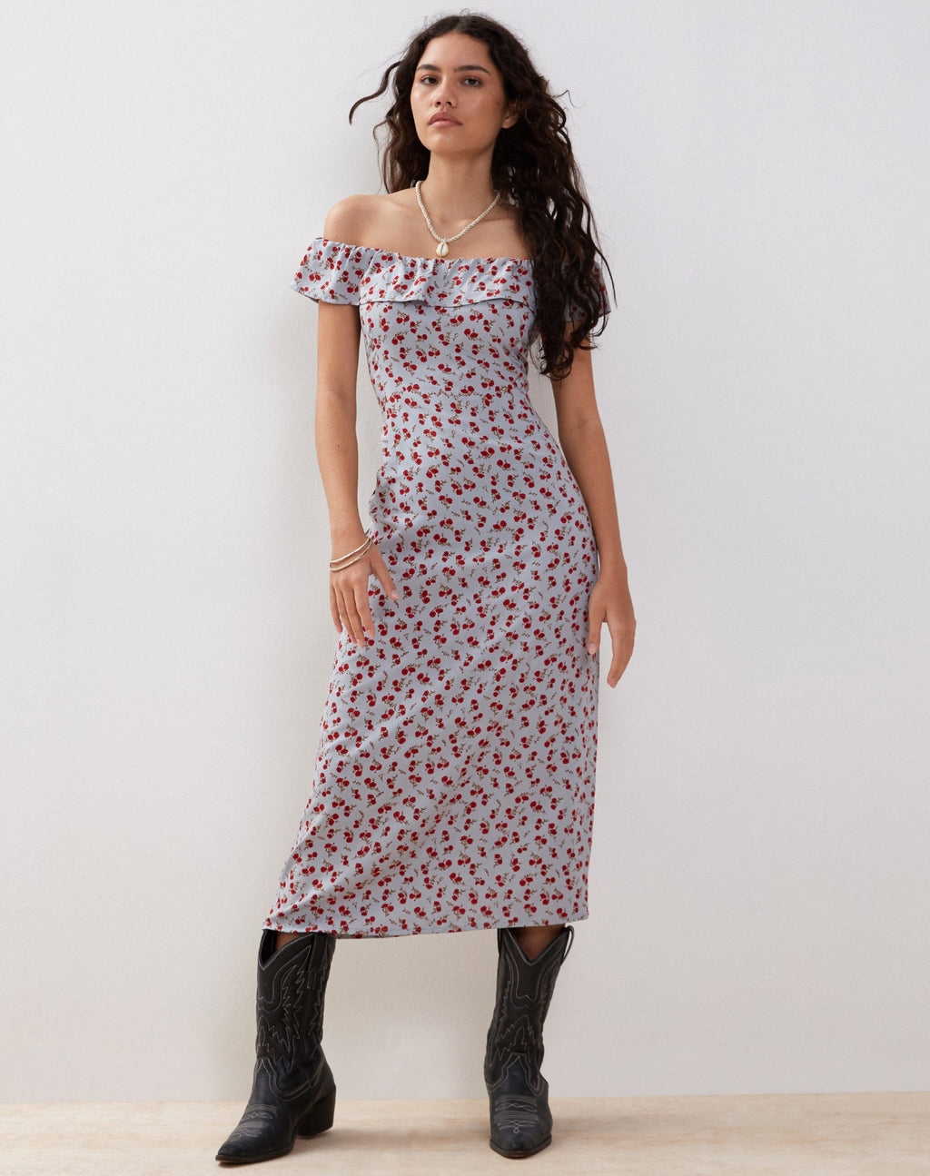 Ayudia - Vestito midi Bardot in Blu Floreale Ditsy