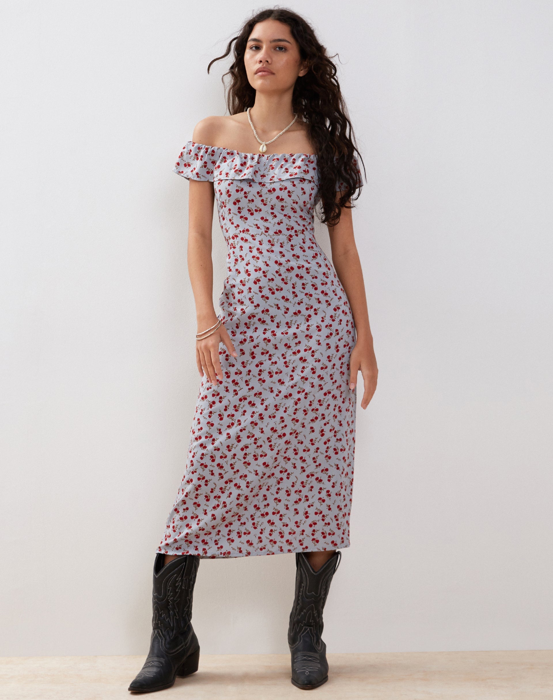 Immagine di Ayudia Bardot Midi Dress in blu floreale Ditsy