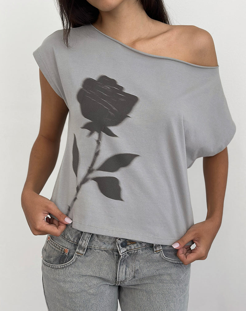 Top asimmetrico a maniche corte Balia in grigio con stampa di rose sfocate