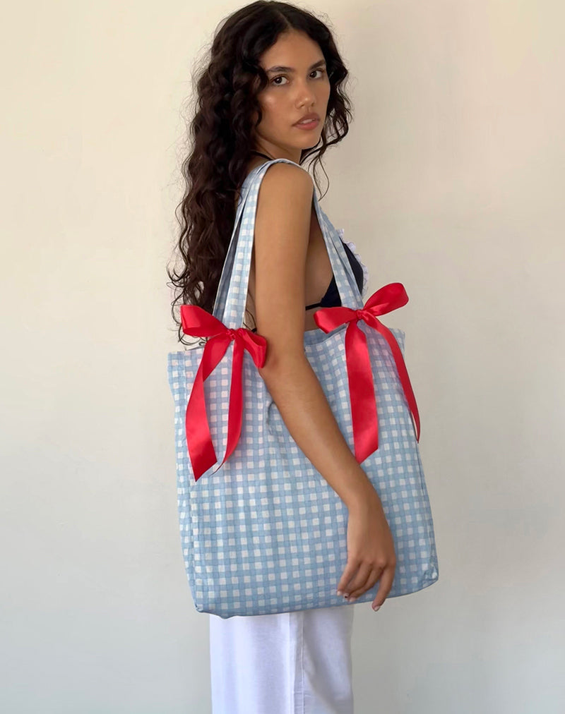 Immagine di Barbara Tote Bag in percalle blu e fiocco rosso