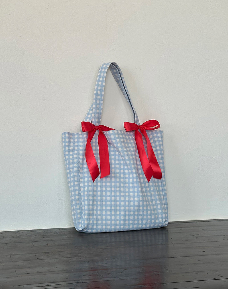 Borsa Barbara in percalle blu con fiocco rosso