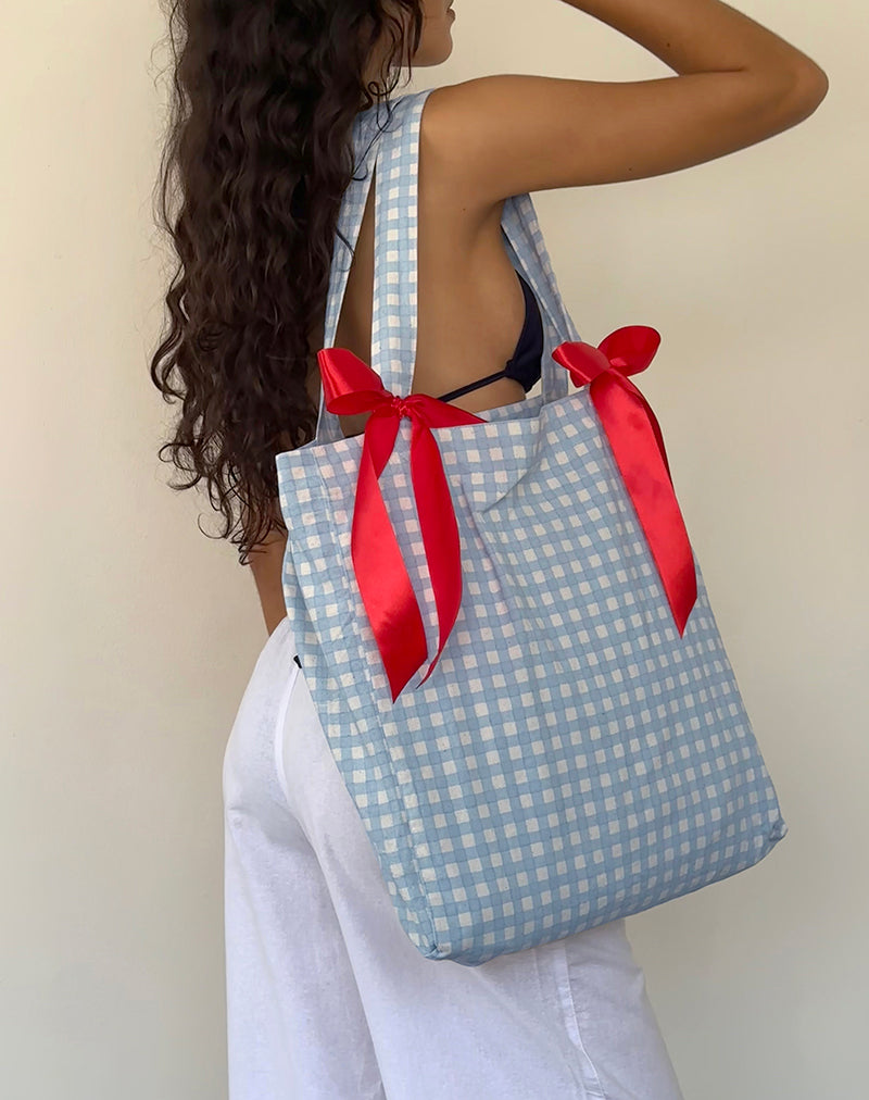 Immagine di Barbara Tote Bag in percalle blu e fiocco rosso