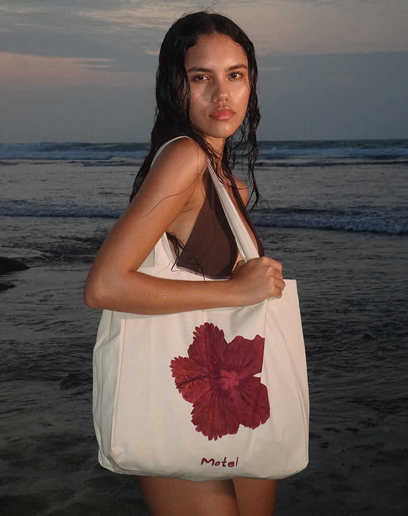 Borsa Tote Barbara in avorio con stampa ibisco