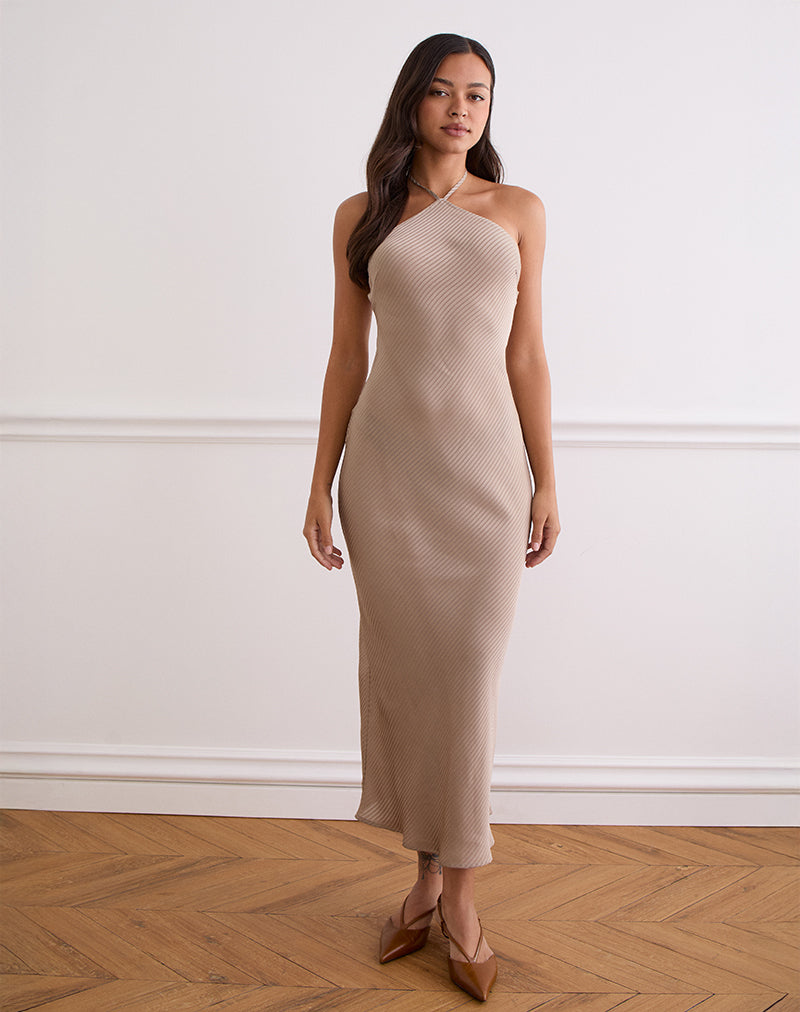 Maxi abito Belara in raso a righe Taupe