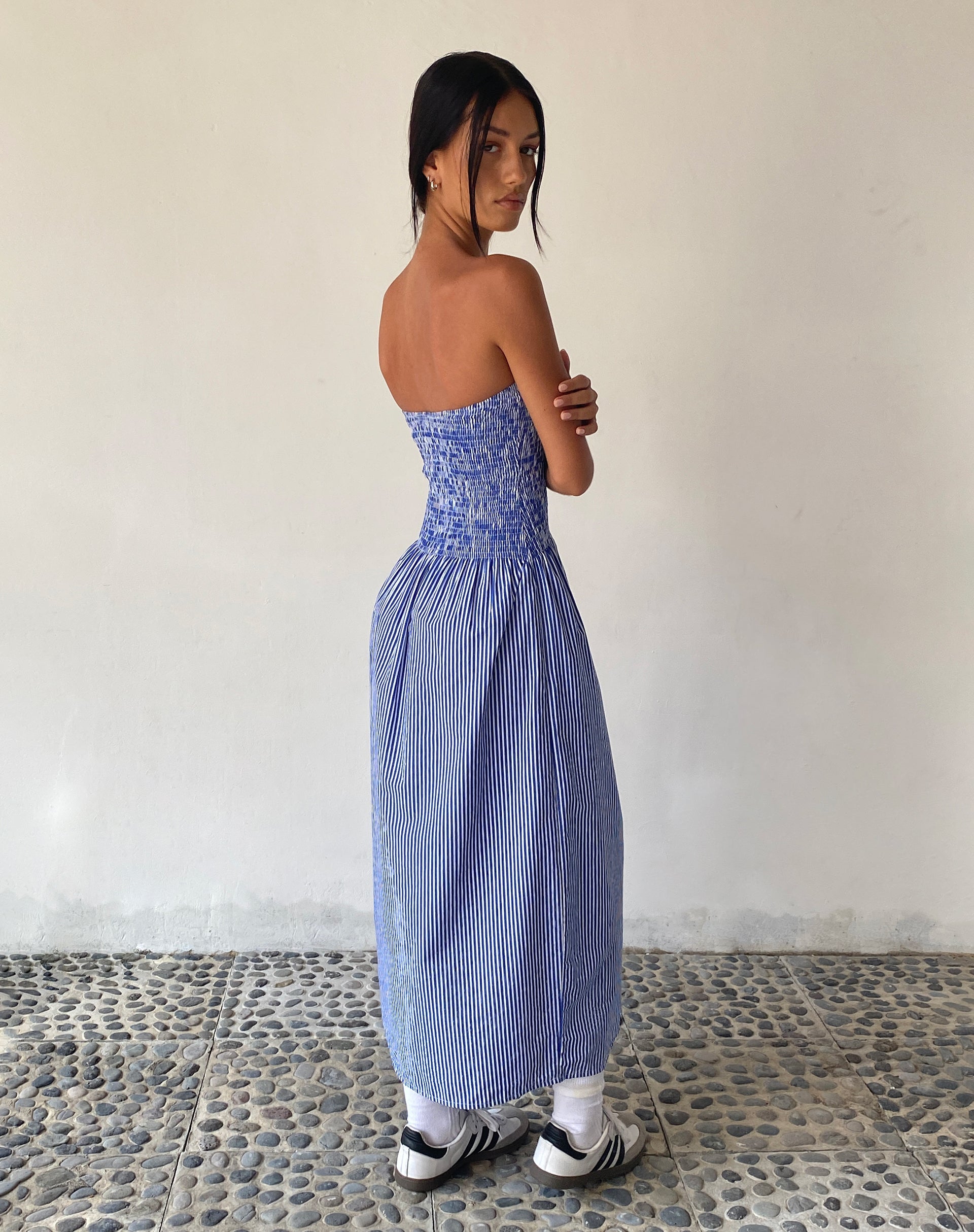 image of MOTEL X JACQUIE Beleame Bandeau Midaxi Dress in popeline blu a righe